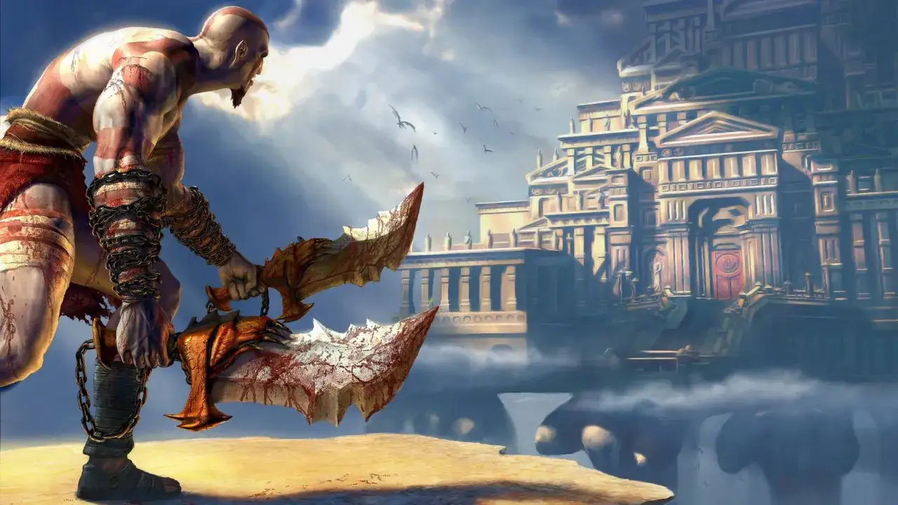 Kratos z ostrzami chaosu, gotowy do walki w epickiej scenerii, jak w god of war remake.