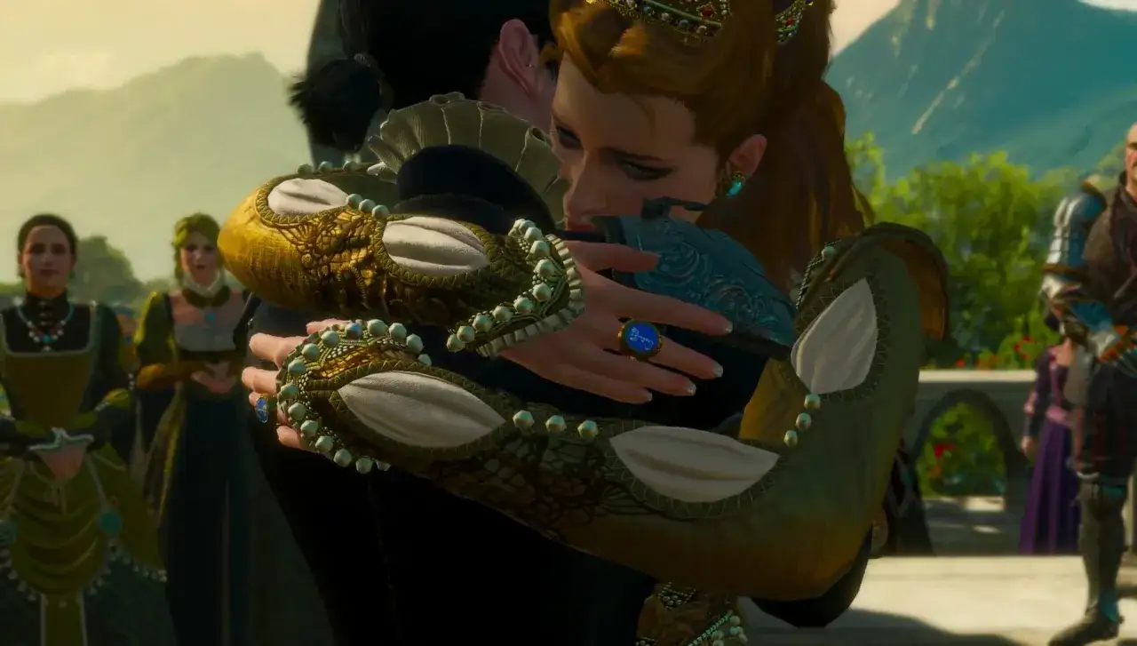 Anna i Geralt w uścisku, symboliczne zakończenie Wiedźmin 3 Krew i Wino.