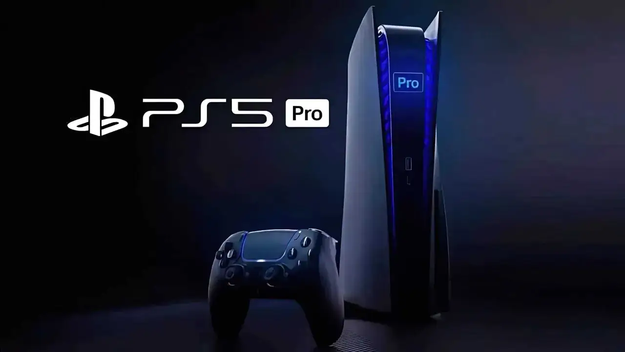Konsola PS5 Pro i kontroler na ciemnym tle. Logo PS5 Pro z niebieskimi akcentami.