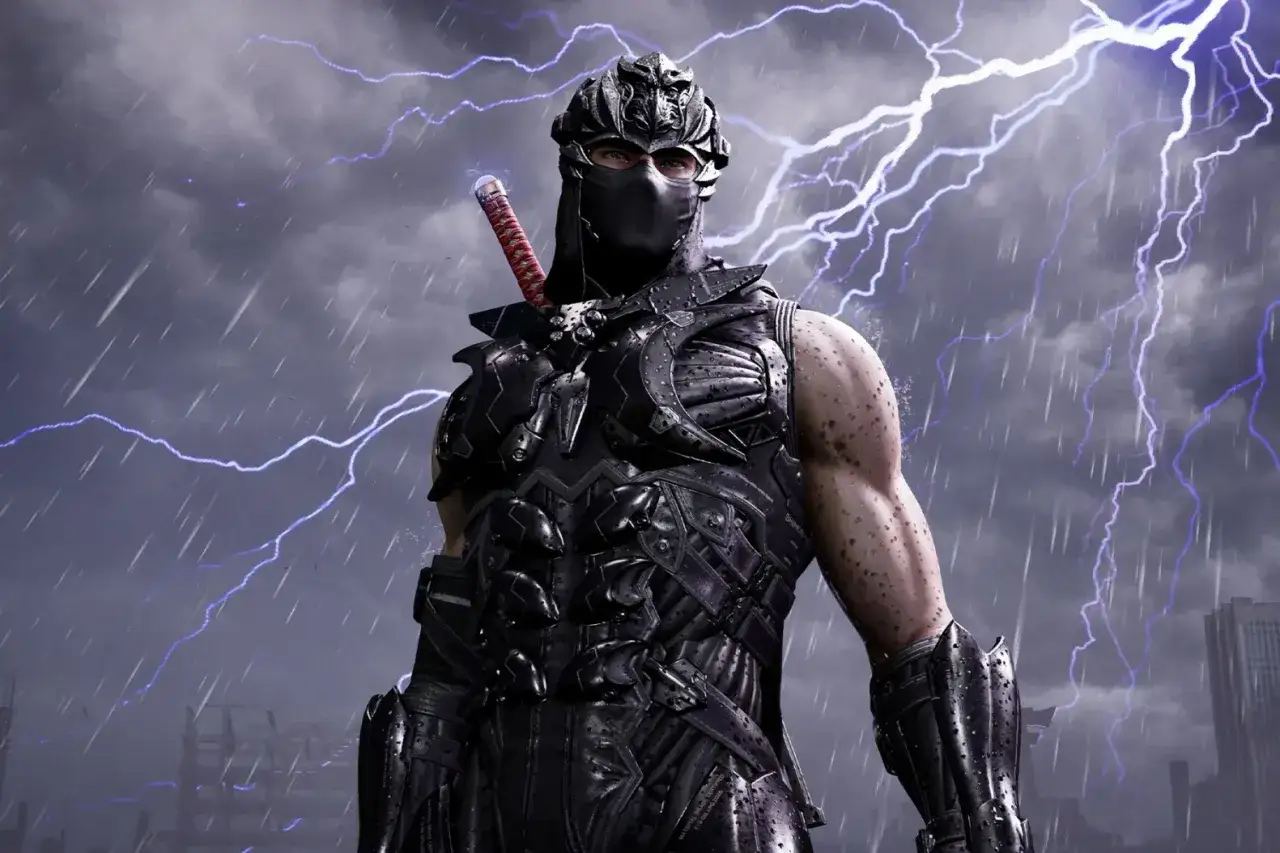 Ryu Hayabusa w zbroi, gotowy do walki w burzową noc. Wygląda jak z gry Ninja Gaiden 4.