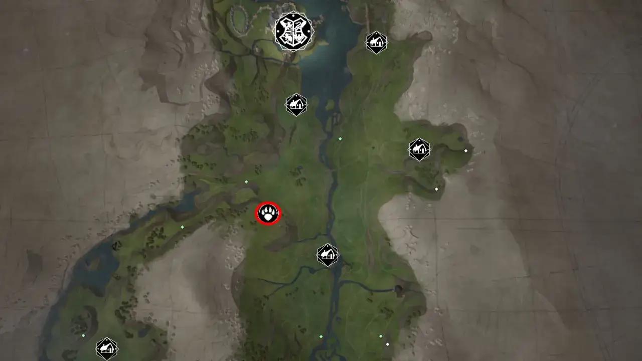 Mapa Hogwart's Legacy z zaznaczonym śladem łapy.