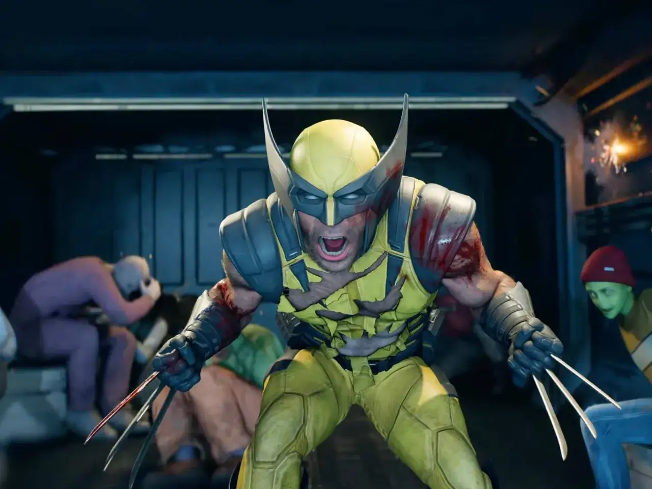 Wolverine w akcji na PS5, z pazurami gotowymi do walki. W tle widać przerażonych ludzi.
