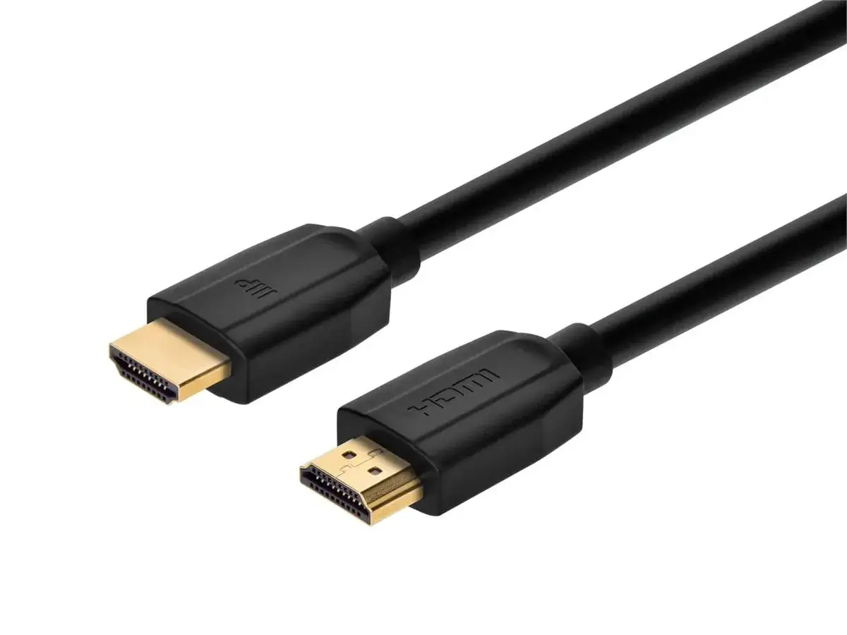 Dwa czarne kable HDMI ze złotymi wtyczkami, gotowe do podłączenia.