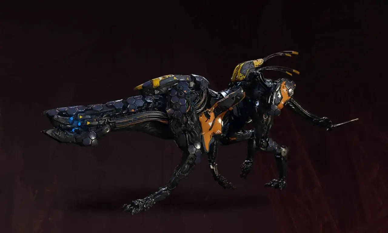 Mechaniczny stwór z Horizon Zero Dawn poradnik. Czarny, z żółtymi i niebieskimi akcentami, groźny przeciwnik.
