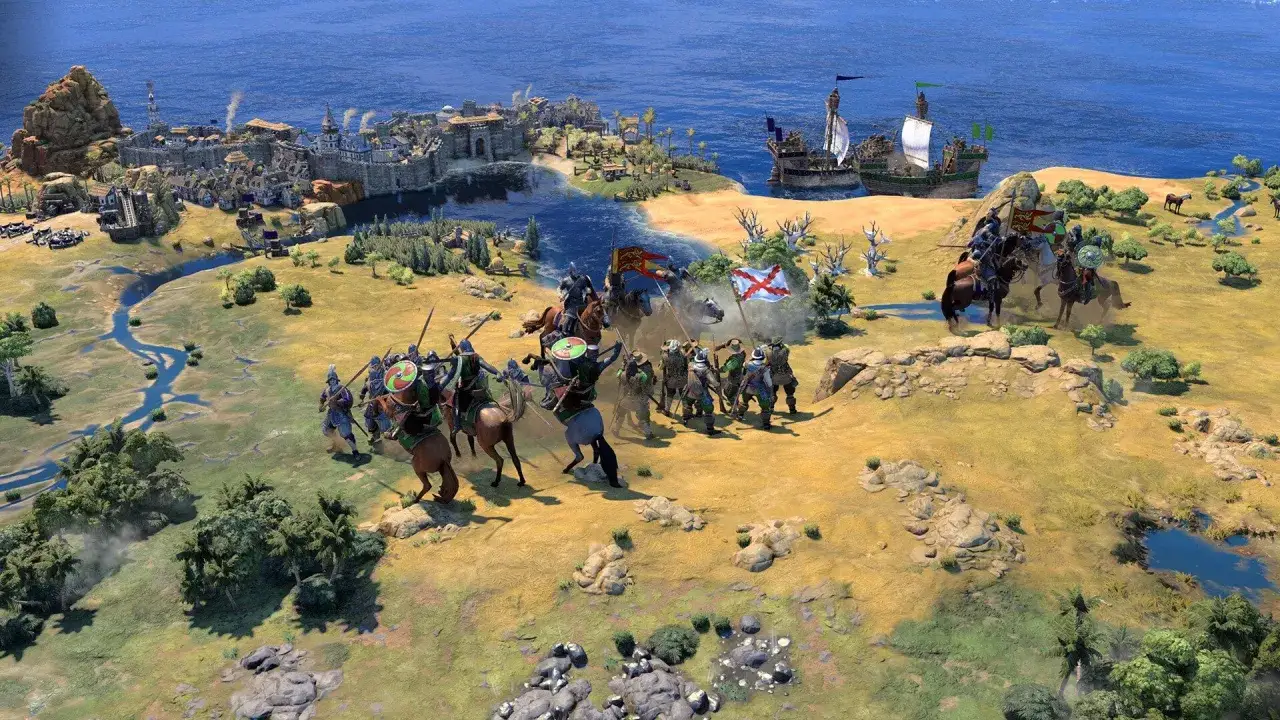 Bitwa kawalerii i piechoty pod murami miasta, żaglowiec na morzu. Zapowiedź Civilization VII.