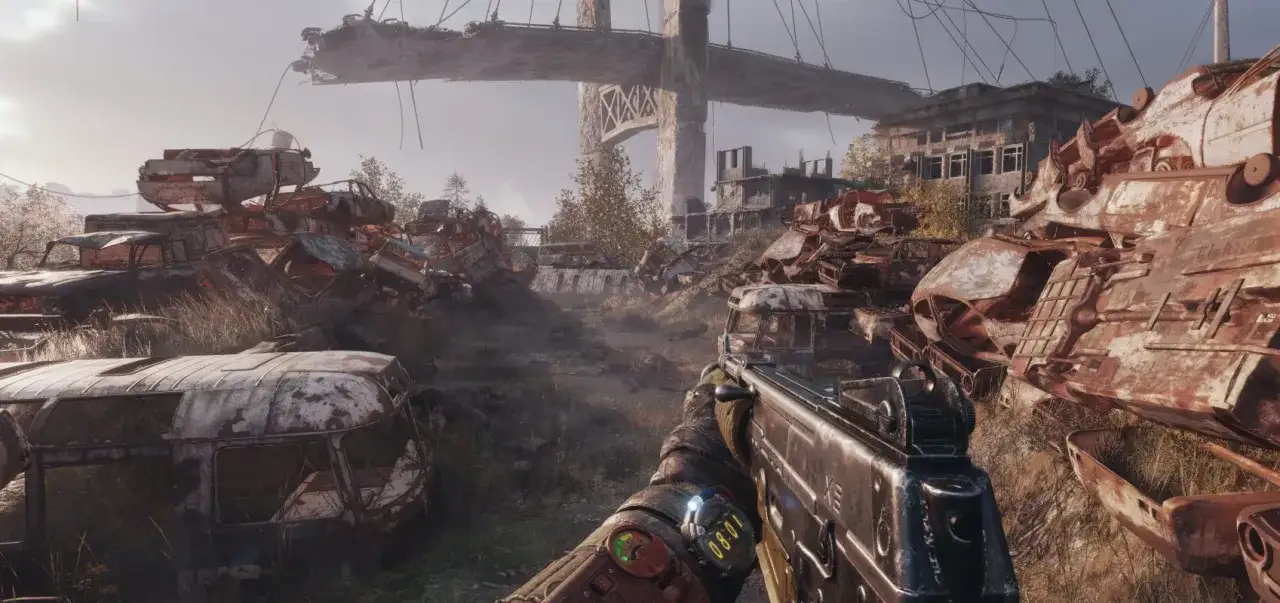 Zniszczone miasto, stosy wraków samochodów i zrujnowany most. To sceneria z gry Metro Exodus, gdzie każdy krok to wyzwanie.