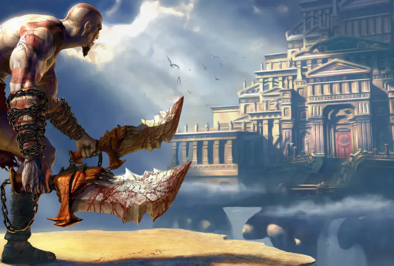 Kratos z ostrzami w rękach na tle antycznej budowli i nieba.