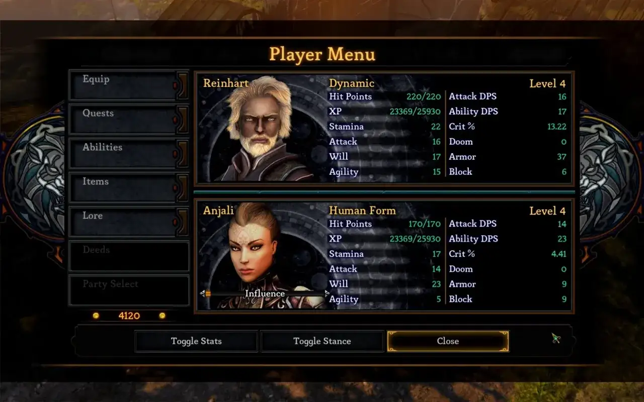 Menu postaci w Dungeon Siege 3: Reinhardt i Anjali, ich statystyki i poziomy.