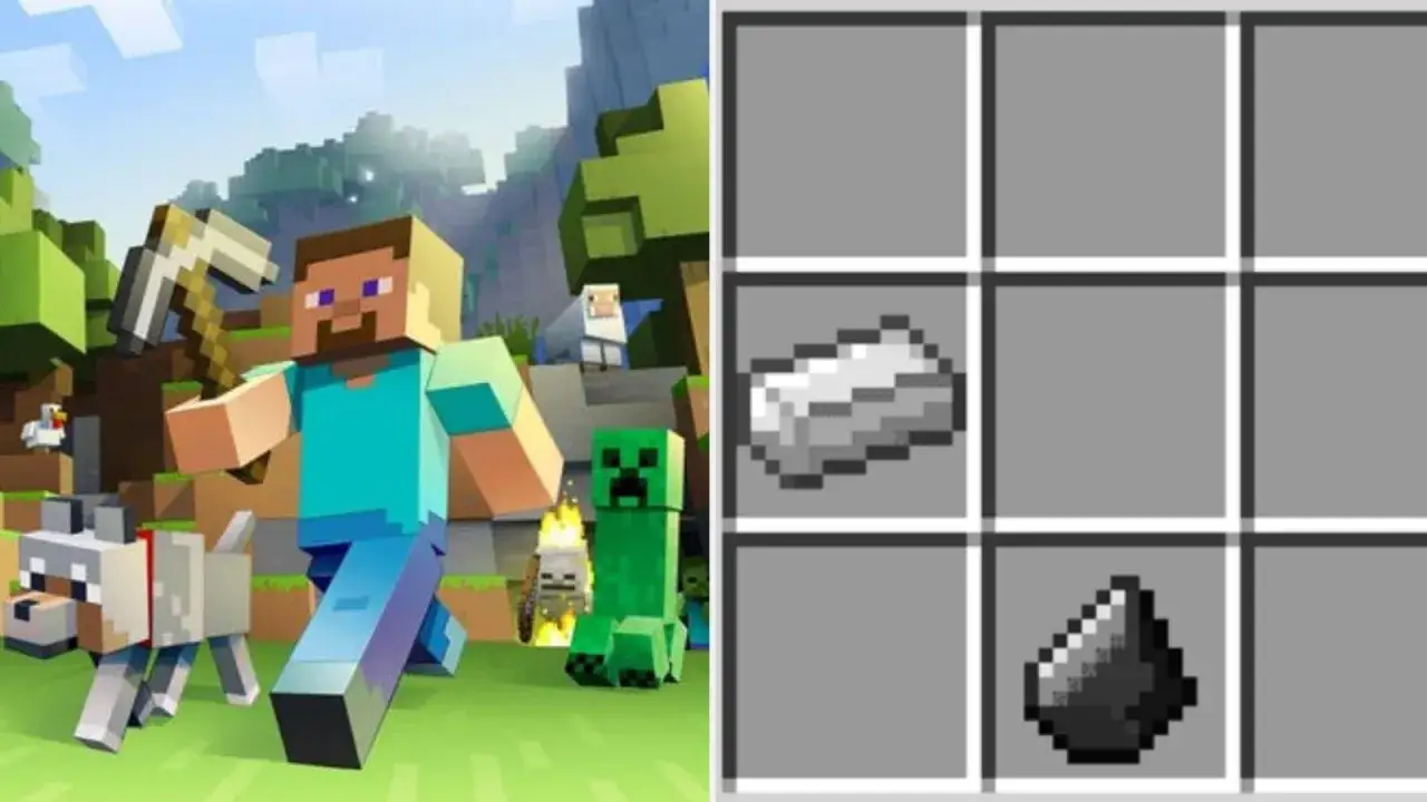 Steve z kilofem i towarzyszem, obok creepera i szkieleta. Po prawej: sztabka żelaza i proch strzelniczy. Dowiedz się, jak zdobyć krzemień w Minecraft!