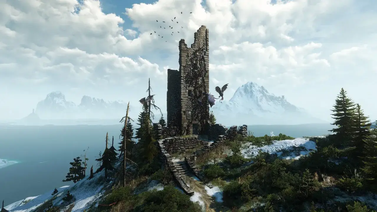 Ruiny wieży na klifie, dwa smoki krążą w powietrzu. W tle morze i ośnieżone góry. Jakby Geralt szukał czegoś po omacku w Wiedźminie 3.