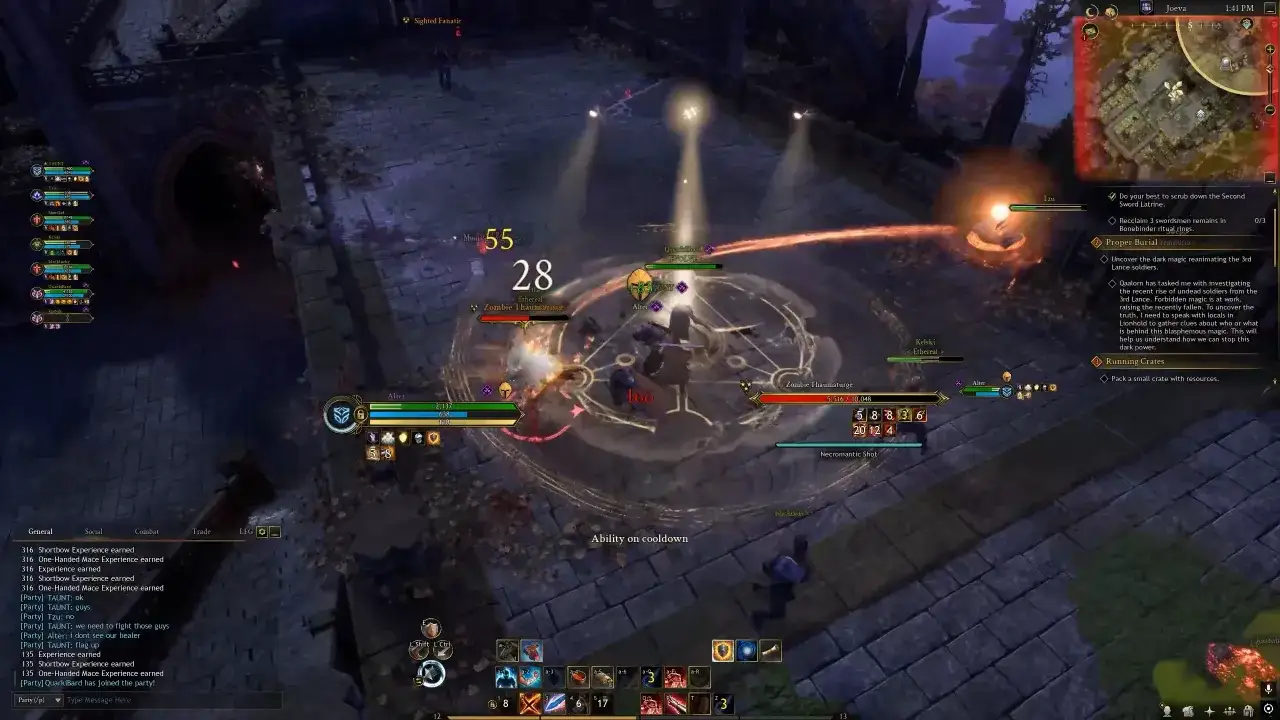 Bitwa w grze MMORPG, gdzie gracze walczą z nieumarłymi. W tle widać ruiny, a na ekranie liczne wskaźniki i czary, jakby z popiołów stworzenia powstawały nowe zagrożenia.
