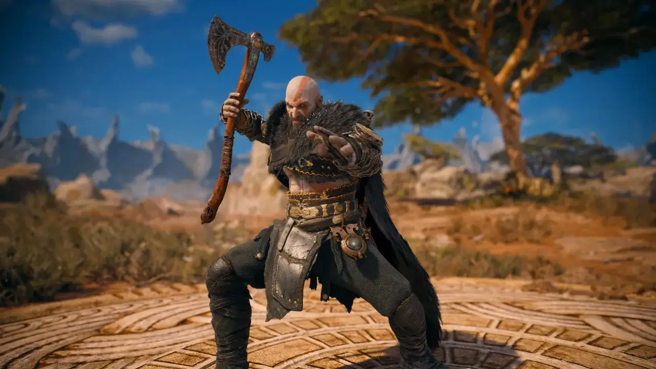 Kratos z toporem w ręku, gotowy do walki w świecie inspirowanym God of War 2018.