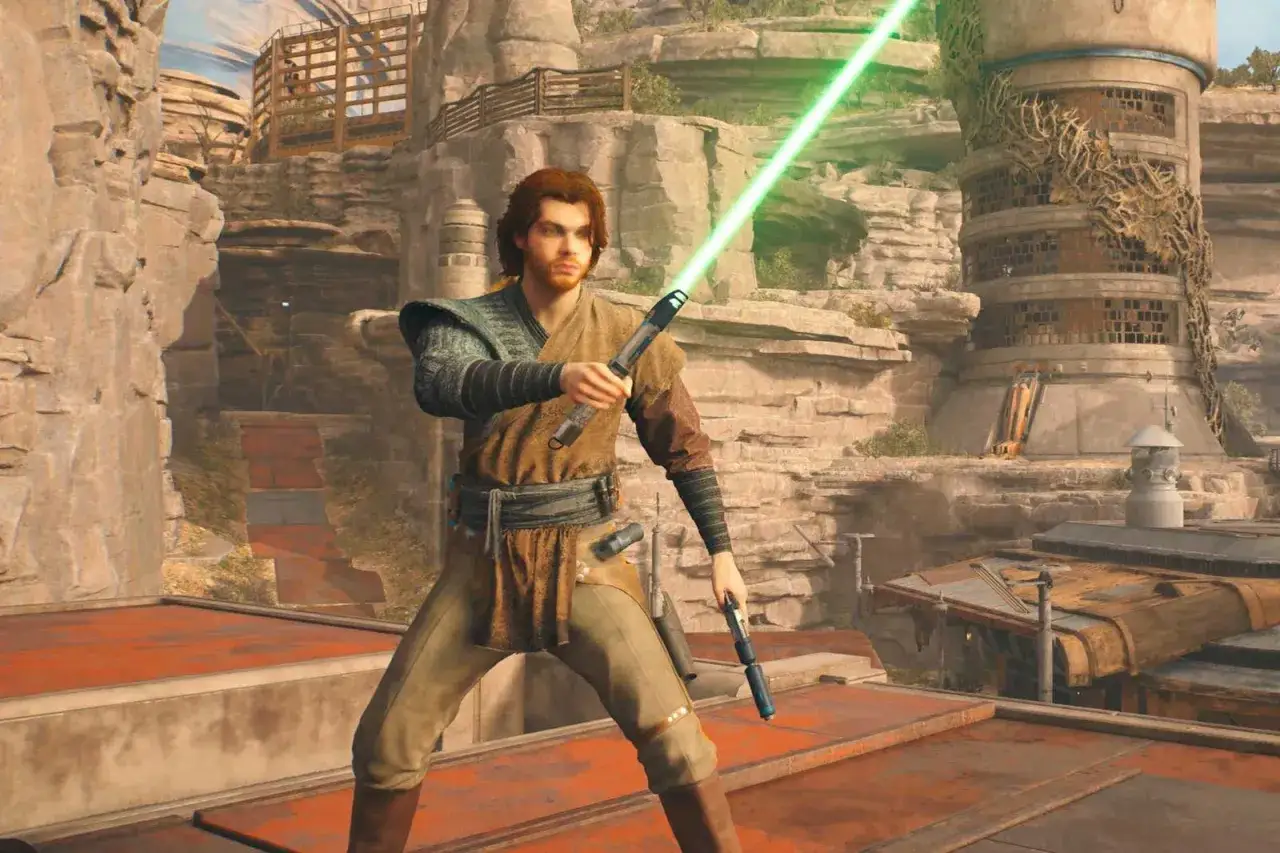 Młody star wars jedi 3 z zielonym mieczem świetlnym gotowy do walki na skalistym pustkowiu.