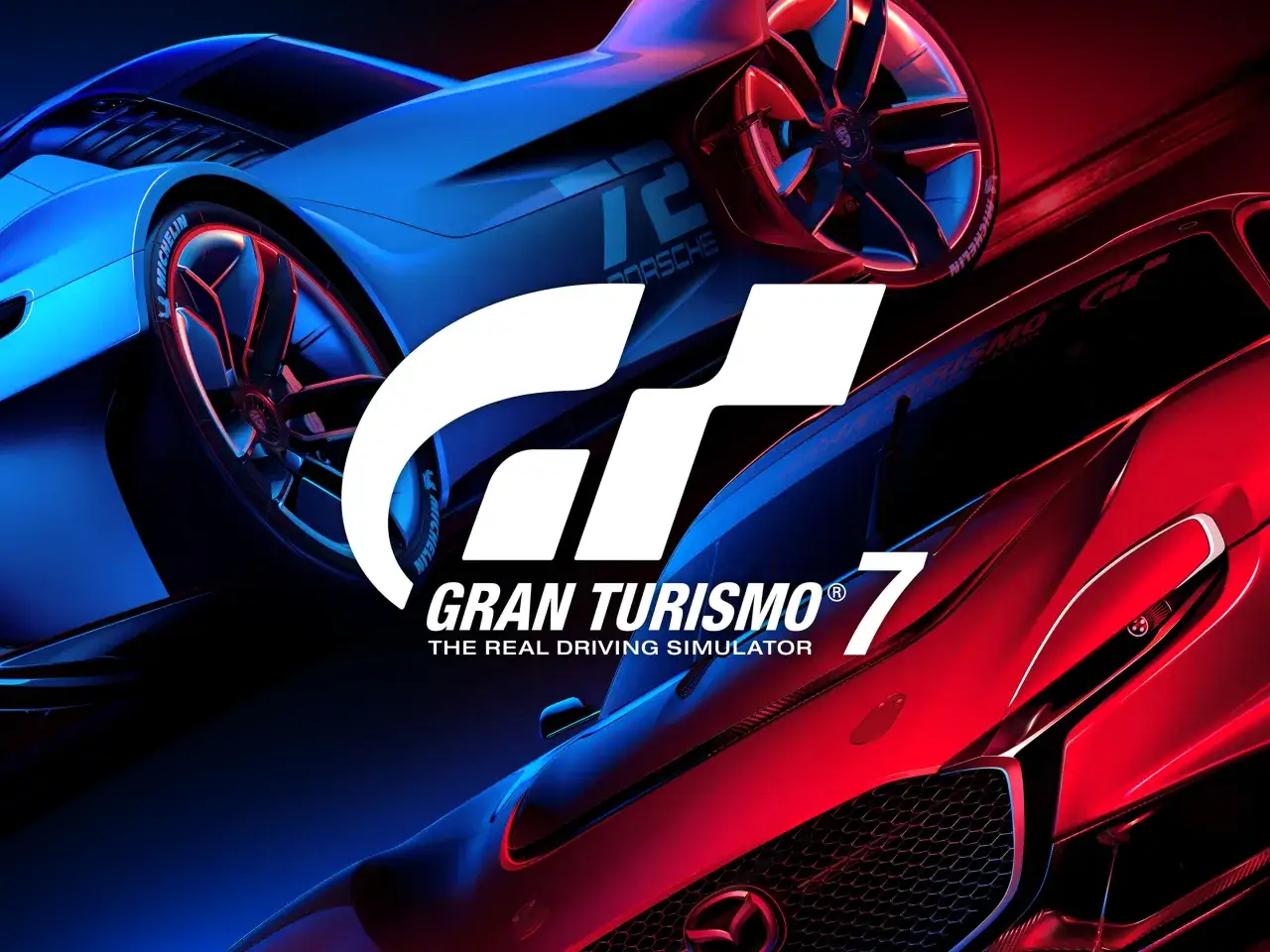 Dwa sportowe samochody, niebieski i czerwony, z logo Gran Turismo 7.