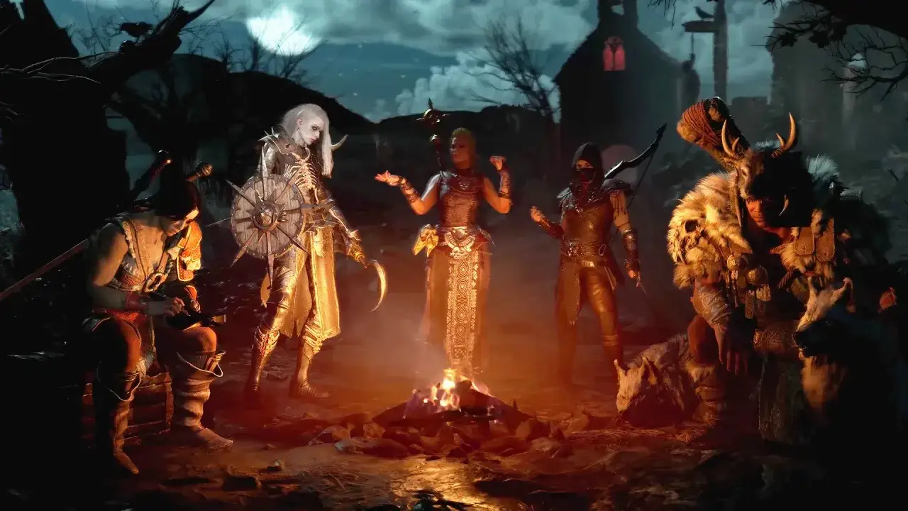 Postacie z Diablo 4 przy ognisku, zastanawiają się, która klasa jest najlepsza.