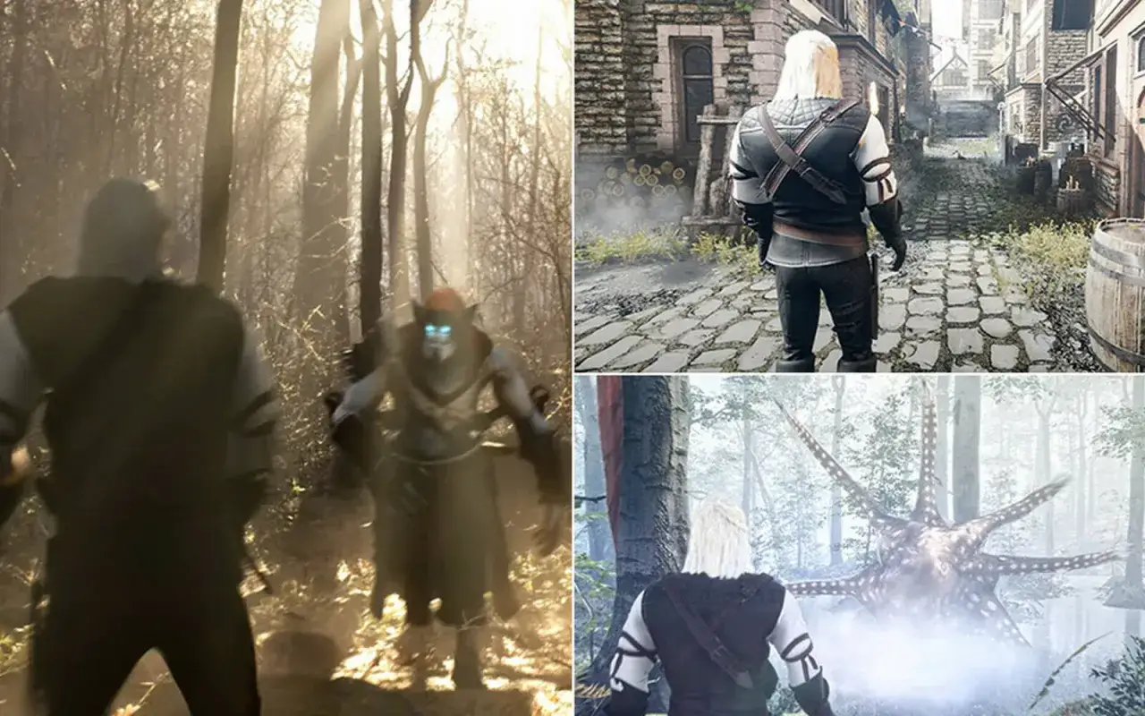 Wiedźmin 1 remake: Geralt walczy z potworem w lesie, przemierza miasto i staje do walki z innym monstrum.
