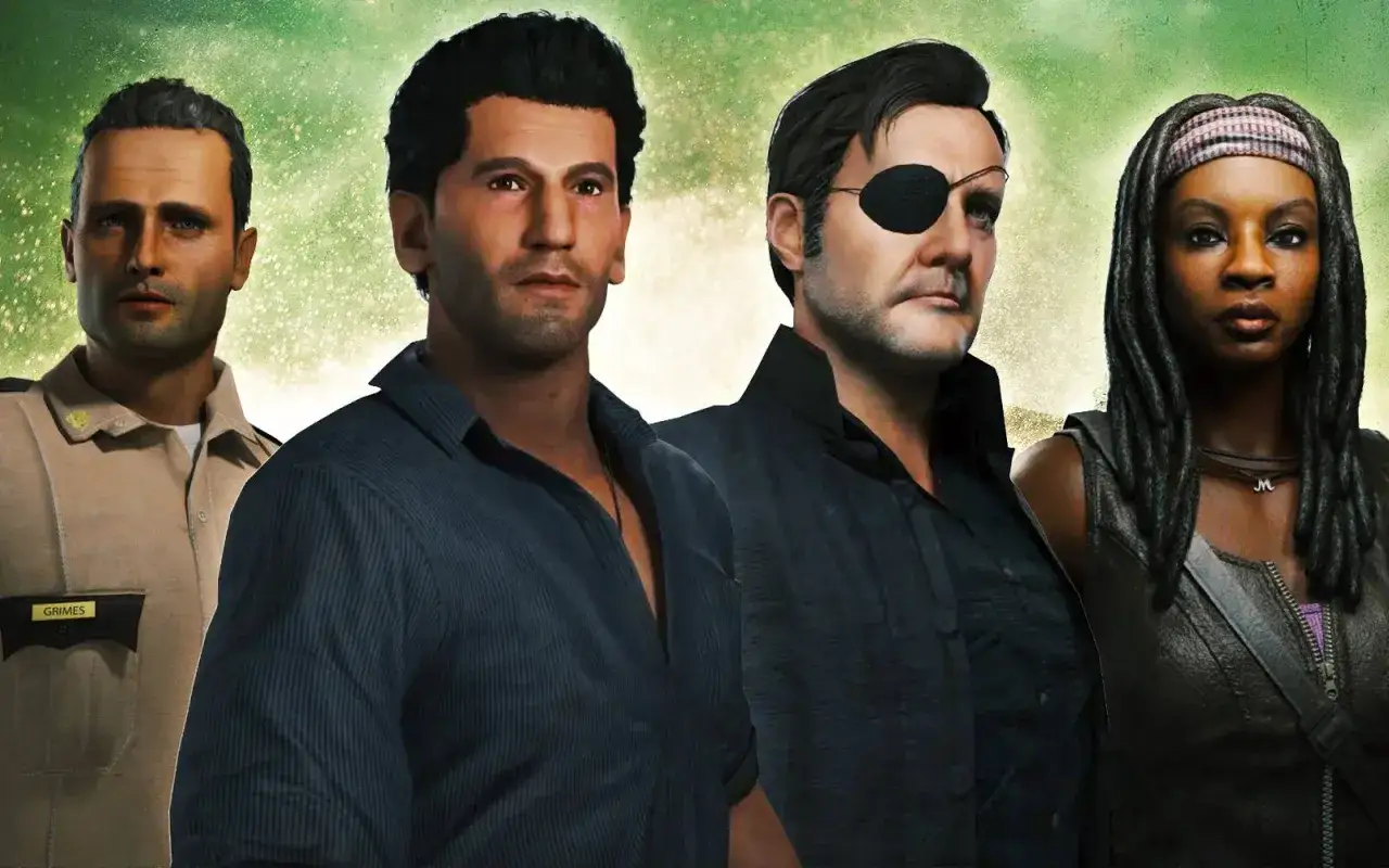 Czterech bohaterów walczy z żywymi trupami: Rick w mundurze, Daryl, Negan z opaską na oku i Michonne.