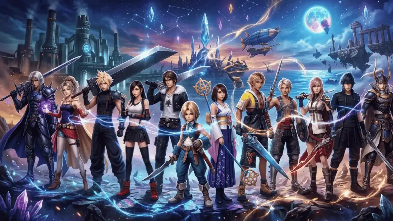 Postacie z Final Fantasy stoją razem na tle fantastycznego świata z kryształami i latającymi wyspami.