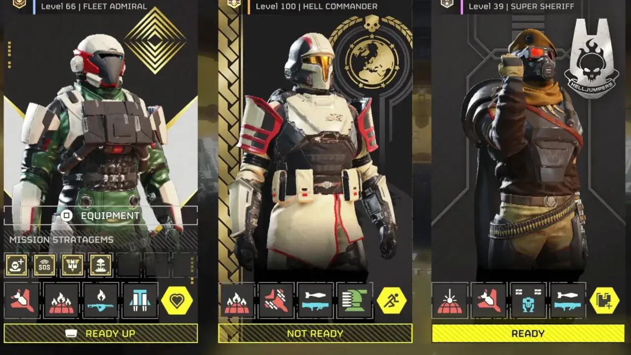 Trzech żołnierzy w zbrojach z gry Helldivers 2. Po lewej dowódca, w środku dowódca piekła, po prawej szeryf.