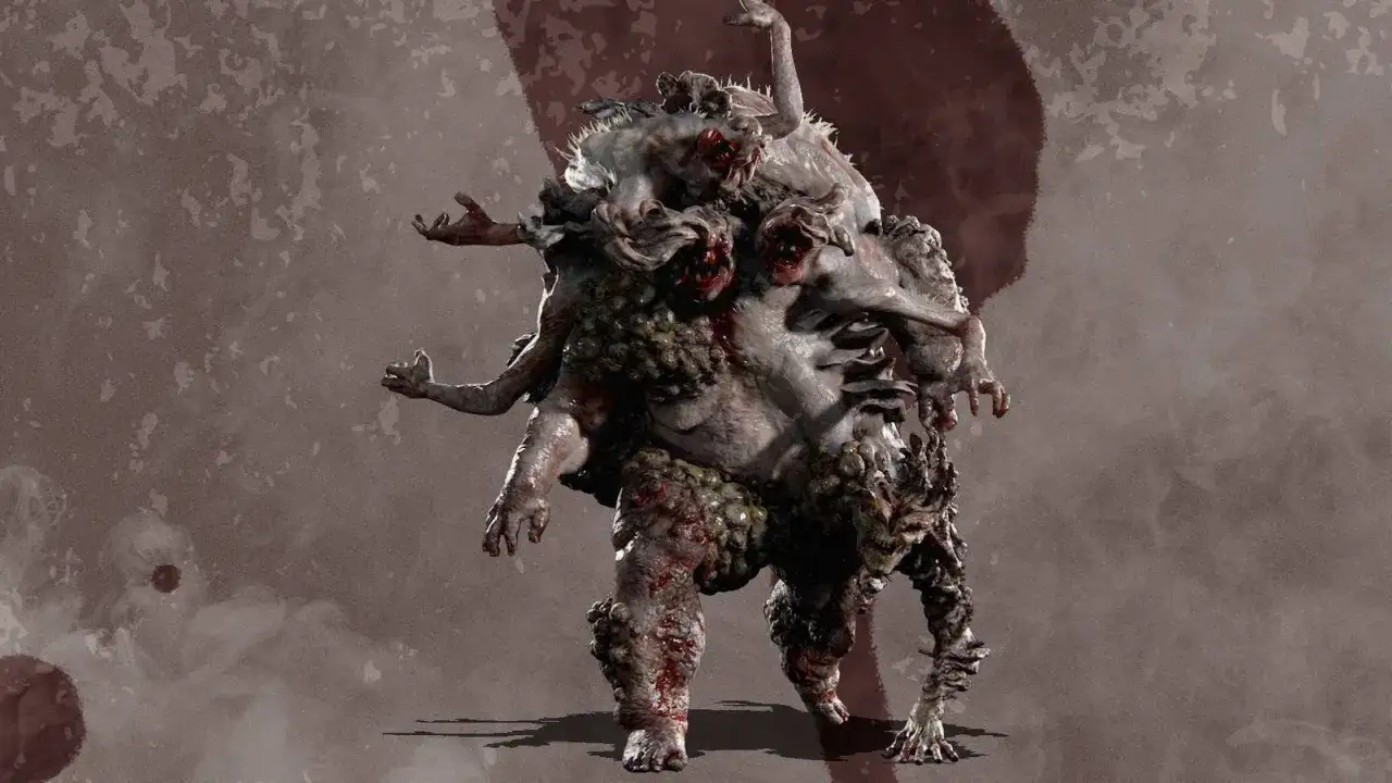 Potworna, zmutowana istota, przypominająca króla szczurów z The Last of Us, z wieloma kończynami i głowami.