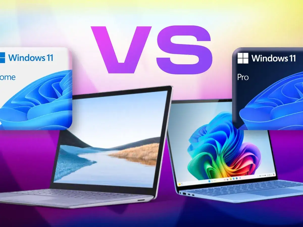Porównanie Windows 11 Home vs Pro. Dwa laptopy z różnymi tapetami i ikonami systemów.