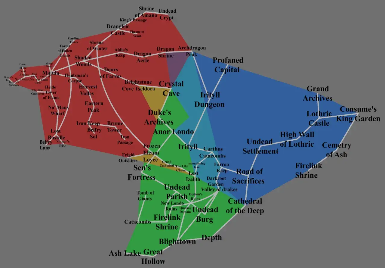 Mapa lokacji z gry Dark Souls, pomocna jako dark souls poradnik.