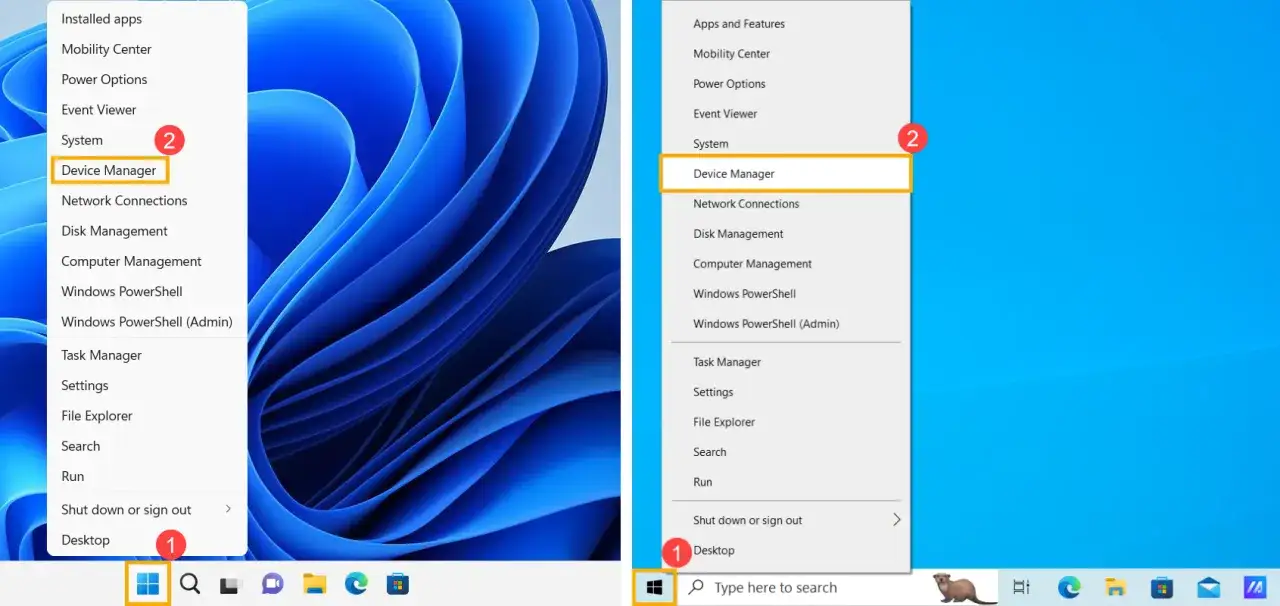 Jak sprawdzić kartę graficzną w Windows 11? Kliknij prawym przyciskiem myszy na menu Start (1), wybierz 