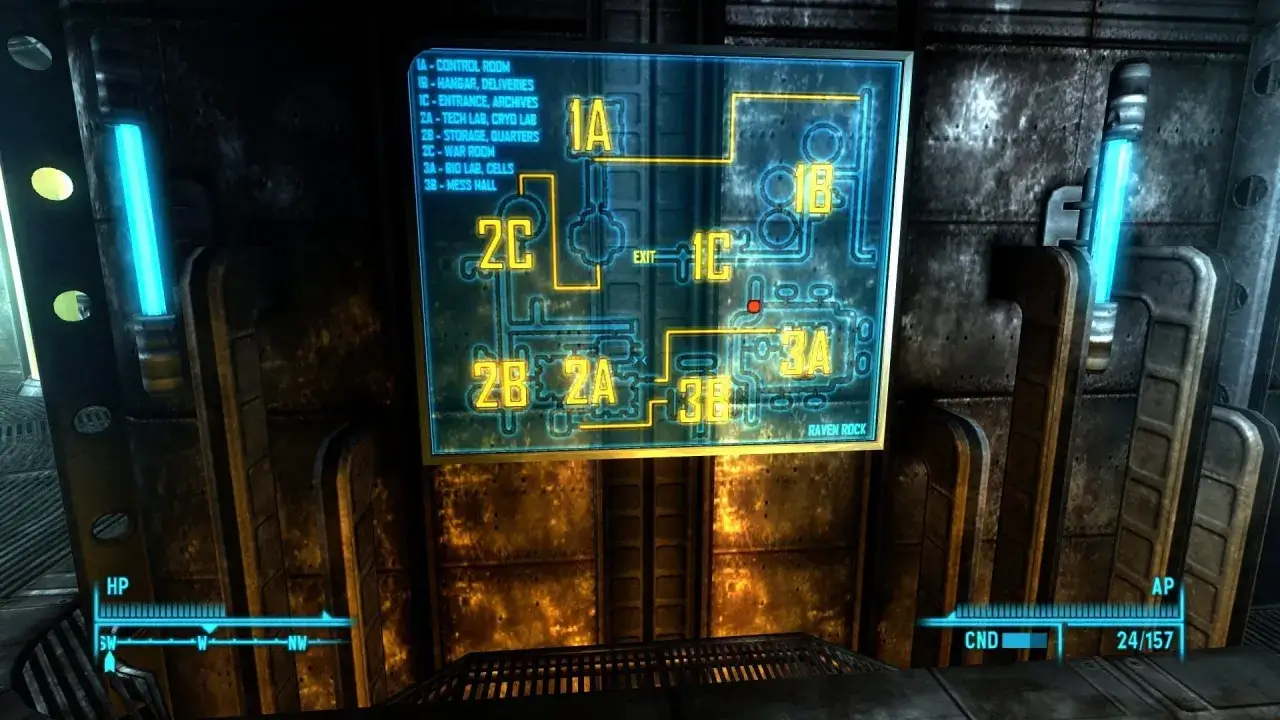 Mapa Raven Rock z Fallout 3 poradnik. Widok z gry, z podświetlanymi sekcjami: Control Room, Hangar, Tech Lab, War Room.