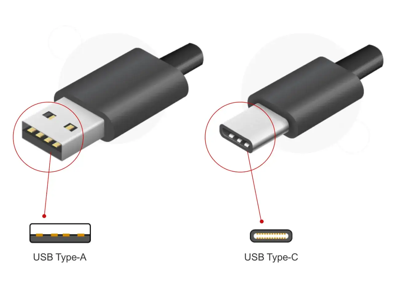 Porównanie złączy USB-A i USB-C. Złącze typu C jest mniejsze i symetryczne, co ułatwia podłączanie.