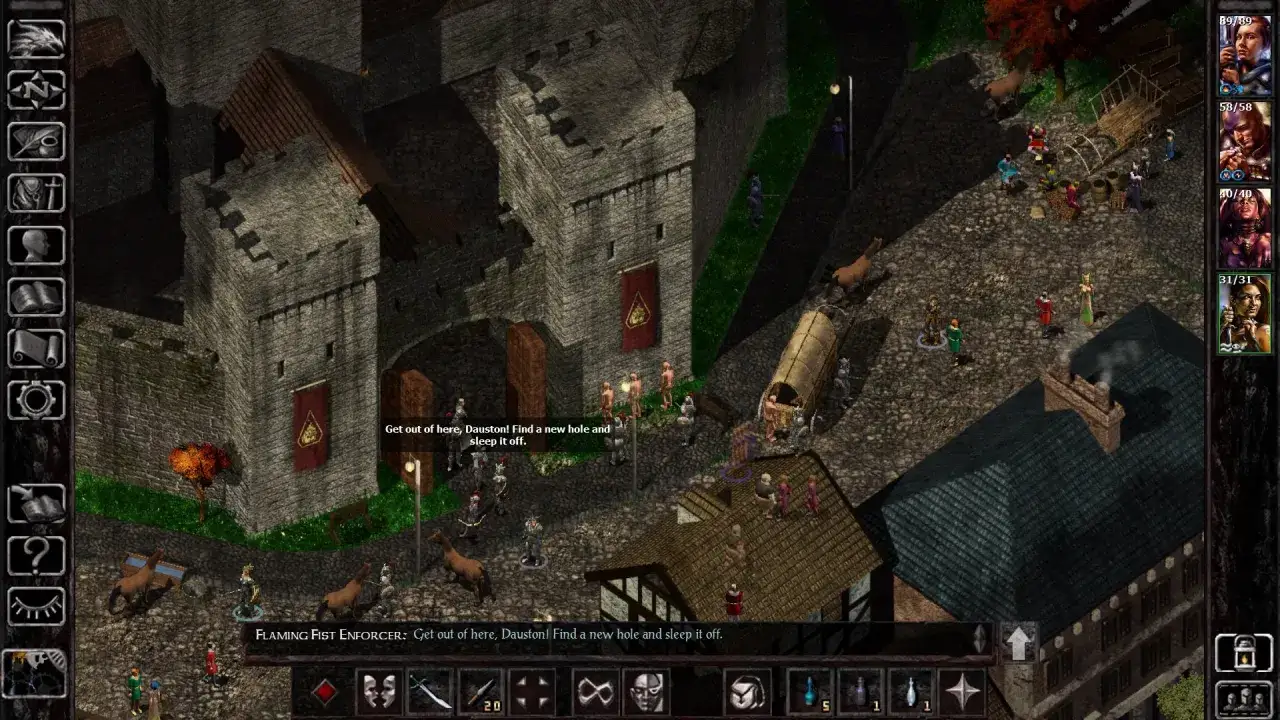 Gra RPG z widokiem izometrycznym, postacie w mieście. Solucja Siege of Dragonspear.