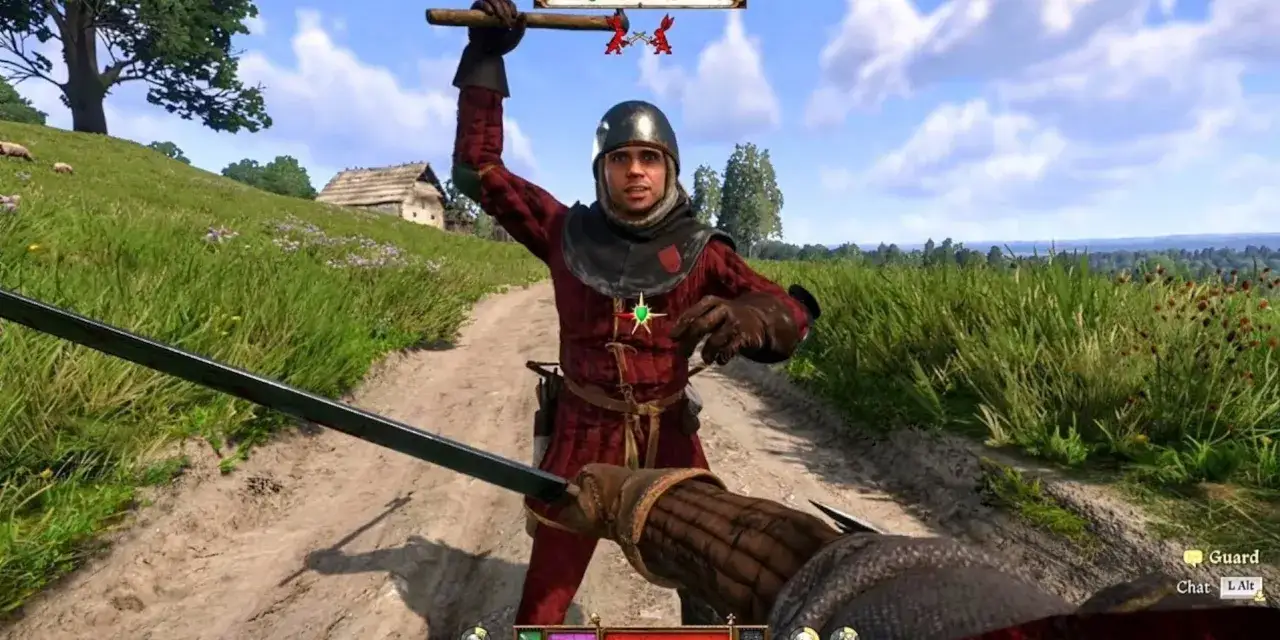 Gracz w Kingdom Come: Deliverance 2 walczy z przeciwnikiem w czerwonym stroju na tle zielonej łąki.