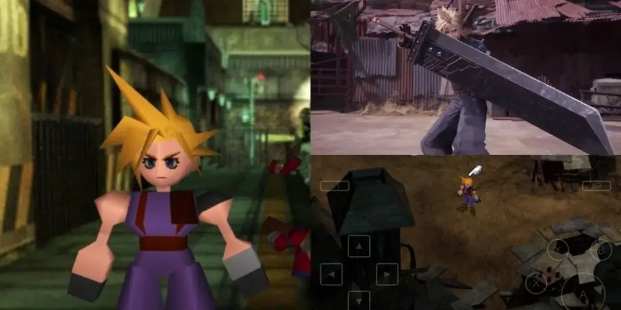 Kolaż z Final Fantasy VII: Cloud z oryginalnej gry, Cloud z remake'u z wielkim mieczem i widok z góry na postać w grze.