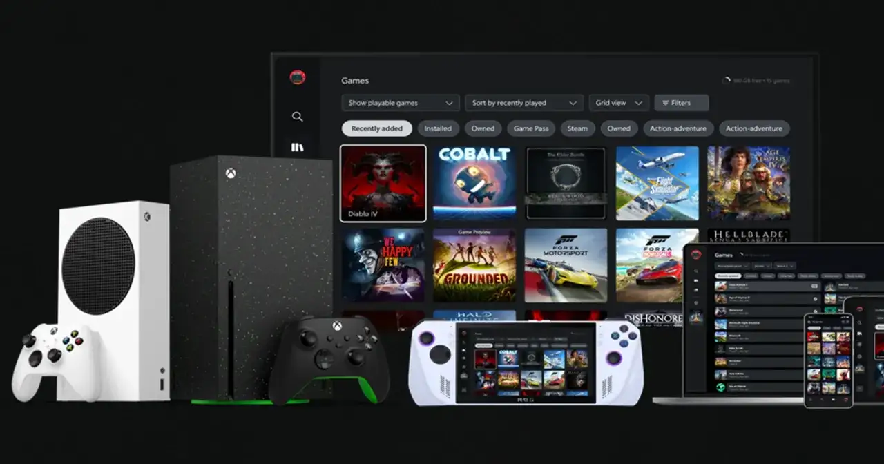 Xbox Series X/S, kontrolery, przenośna konsola i ekran z grami, w tym opcja Steam.