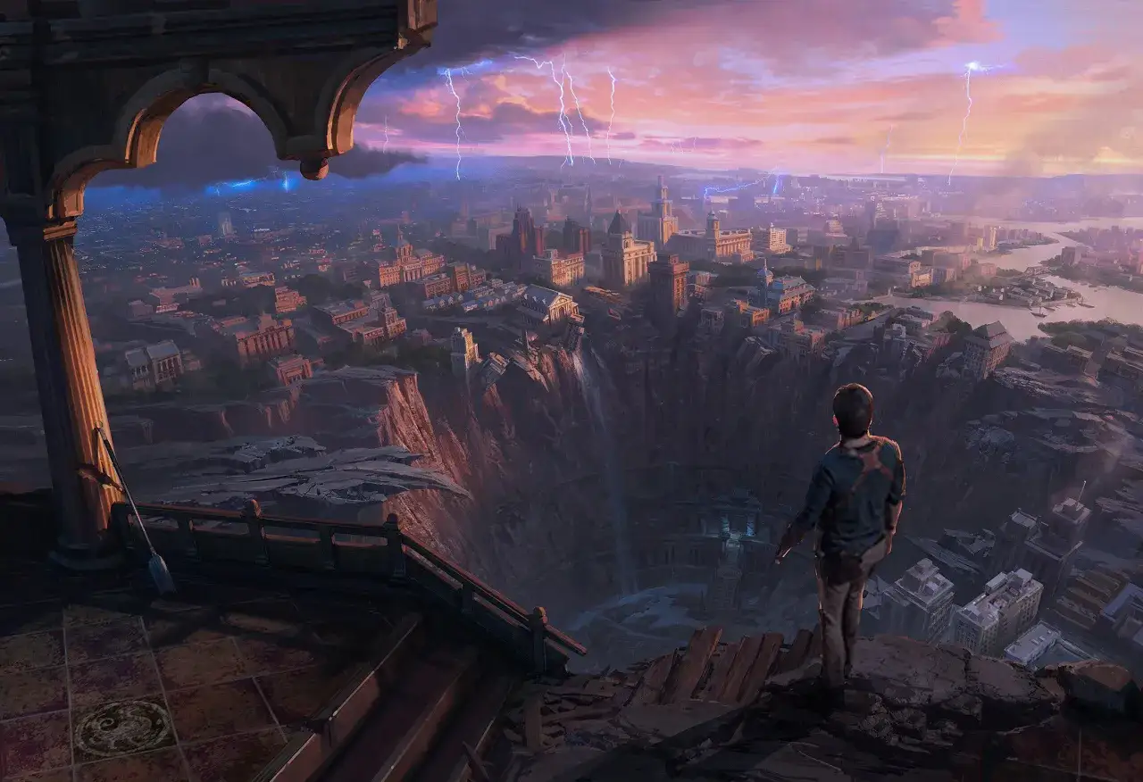 Nathan Drake stoi na krawędzi przepaści nad zniszczonym miastem, podczas burzy. Czy to zapowiedź Uncharted 5 kiedy?