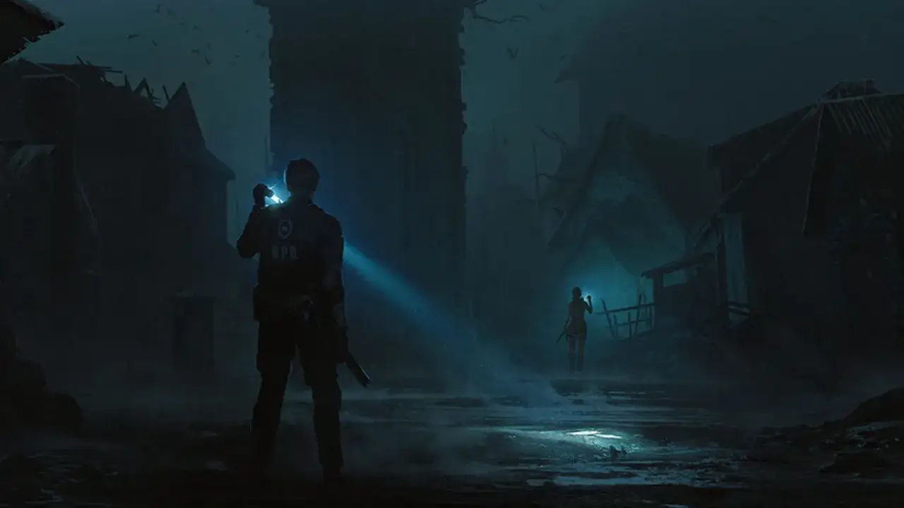 Leon S. Kennedy z R.P.D. oświetla mroczną uliczkę w remake'u Resident Evil. W oddali widać Claire Redfield.