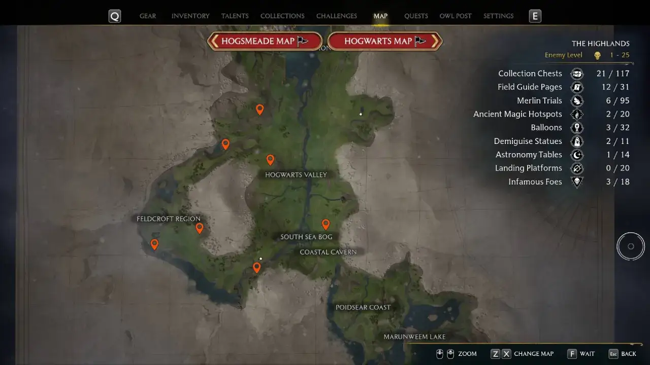 Mapa Hogwartsu z zaznaczonymi lokacjami, w tym platformy do lądowania.