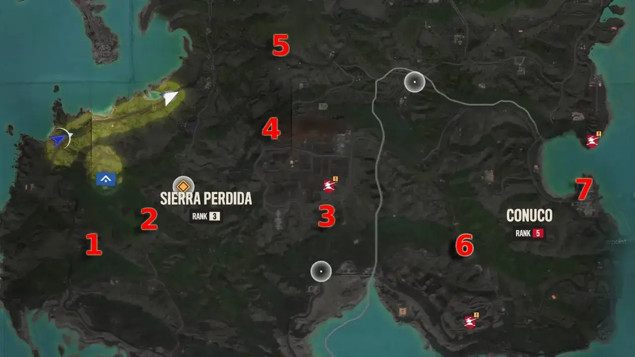 Mapa Far Cry 6 z zaznaczonymi punktami. Szukasz