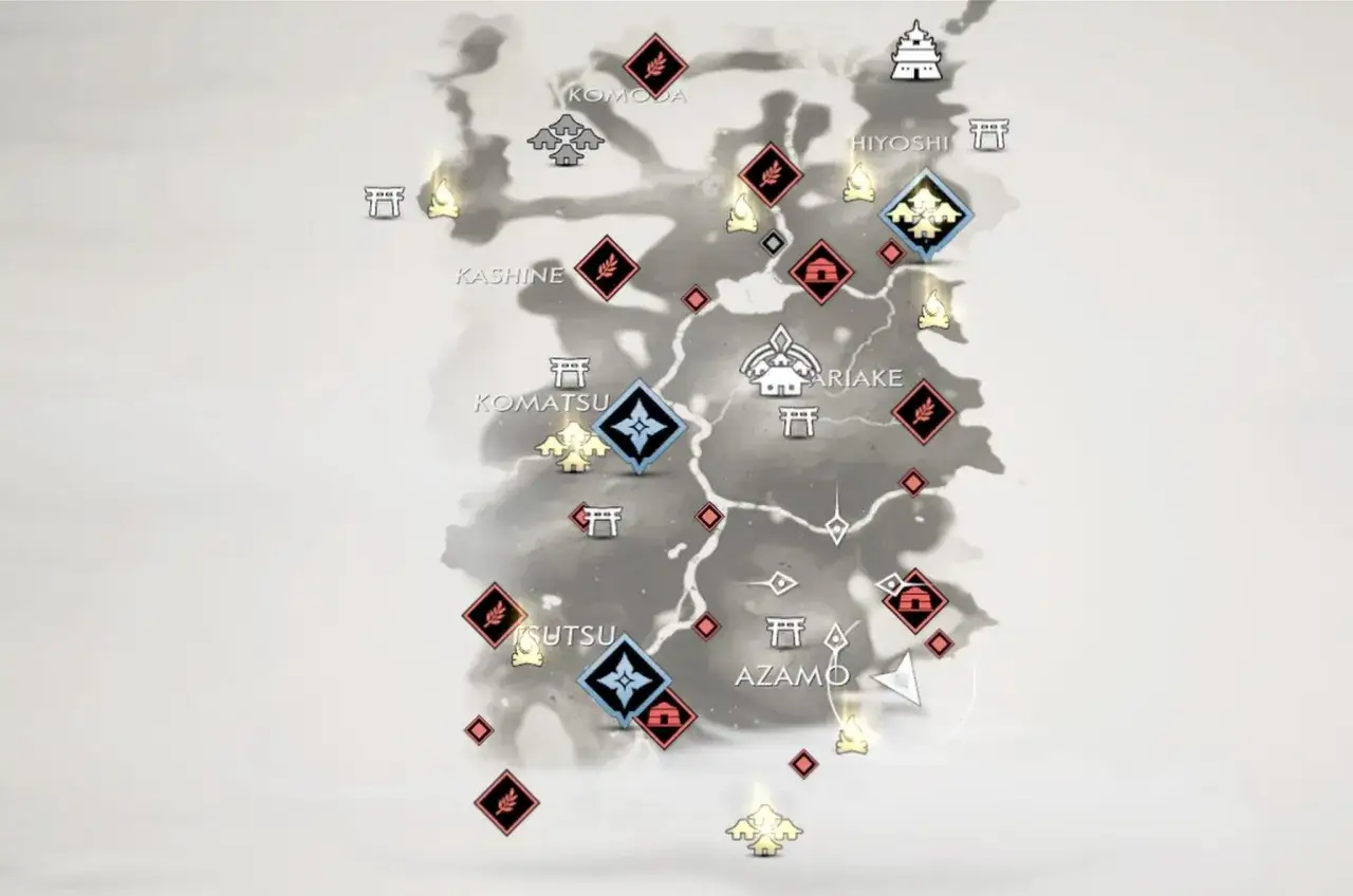 Mapa z gry Ghost of Tsushima, z zaznaczonymi lokacjami i celami, które pomogą zdobyć platynę.