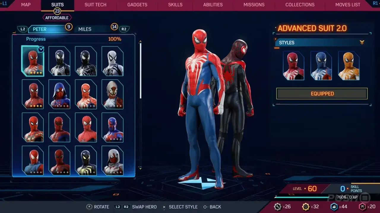Spider-Man 2: menu wyboru strojów. Widoczni Peter Parker i Miles Morales, obok dostępne stroje i ich style. Trofea do zdobycia.