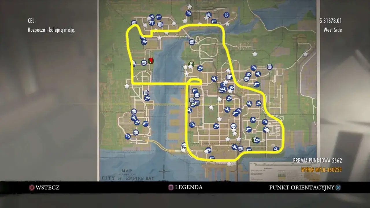 Mapa z gry Mafia 2 poradnik, pokazuje trasę misji na mapie Empire Bay z zaznaczonymi punktami.