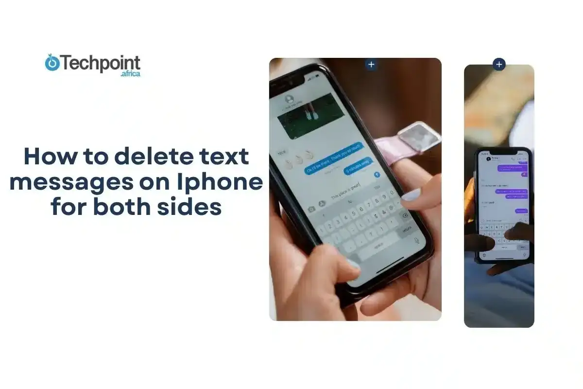 Jak usunąć sms z iPhone'a po obu stronach. Dwie dłonie trzymają iPhone'y z otwartą aplikacją wiadomości.
