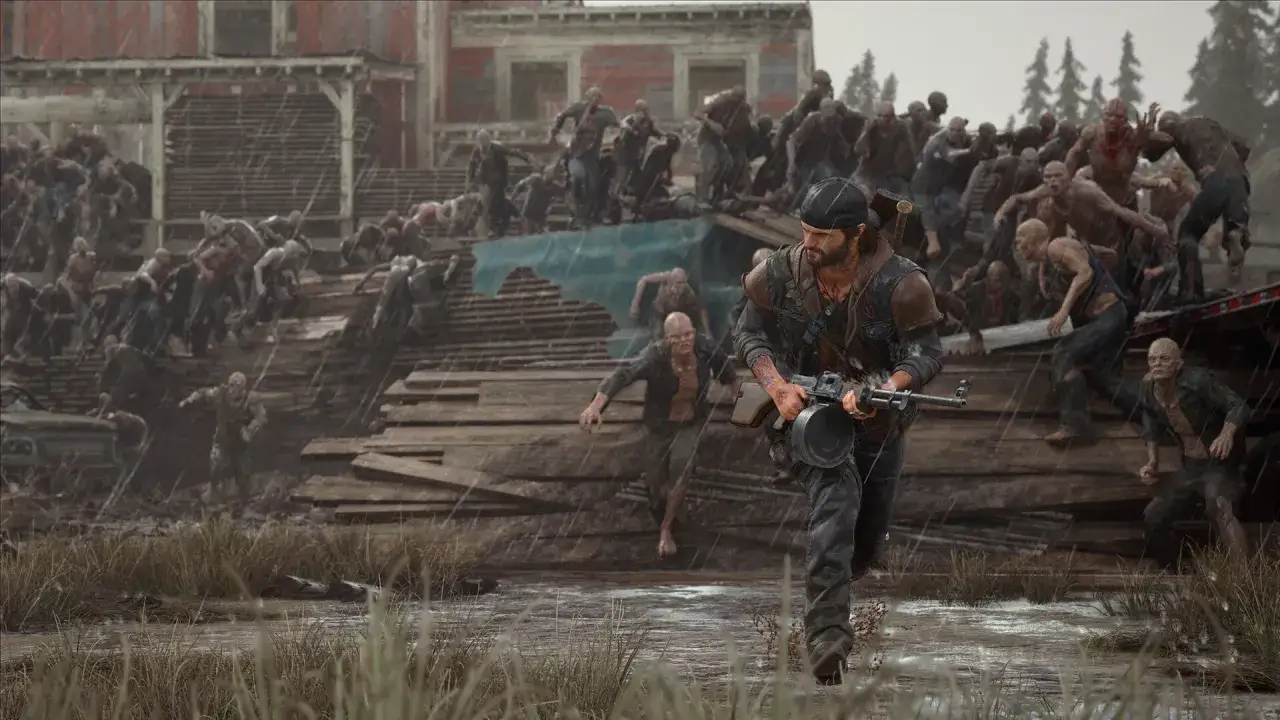 Deacon biegnie przez deszcz, ostrzeliwując hordę zombie. To scena z gry Days Gone, która może pojawić się w poradniku.