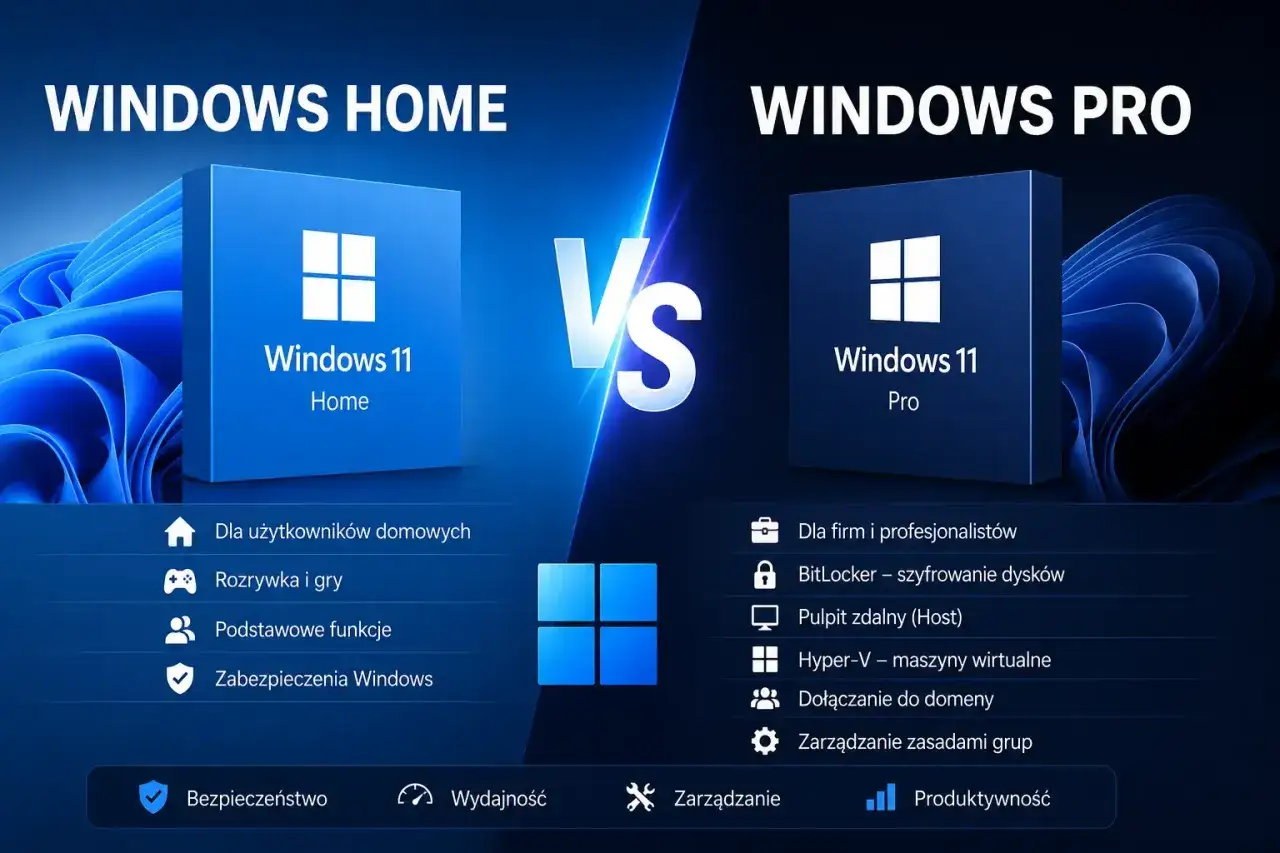 Porównanie Windows 10 Home vs Pro: wersja Home dla użytkowników domowych, Pro dla firm i profesjonalistów z dodatkowymi funkcjami.