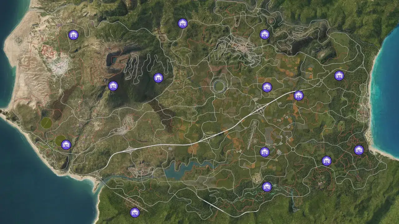 Mapa z zaznaczonymi ikonami domków z pytajnikami, wskazującymi lokalizacje zaginionych aut w Forza Horizon 5.