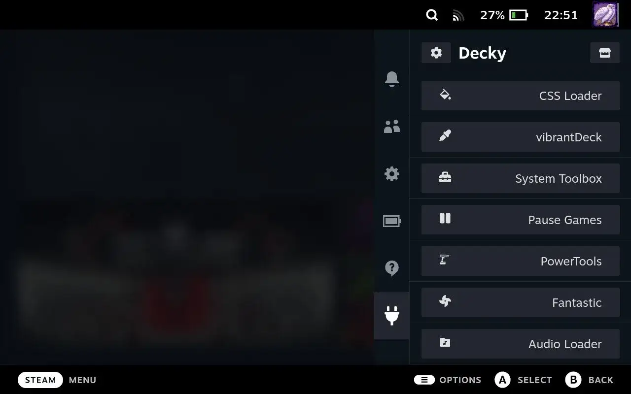 Menu Decky z opcjami: CSS Loader, vibrantDeck, System Toolbox, Pause Games, PowerTools, Fantastic, Audio Loader.