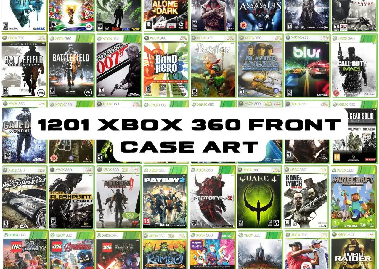 Kolekcja okładek gier na Xbox 360, w tym Battlefield, Call of Duty, Minecraft i wiele innych, prezentująca najlepsze gry na Xbox 360.