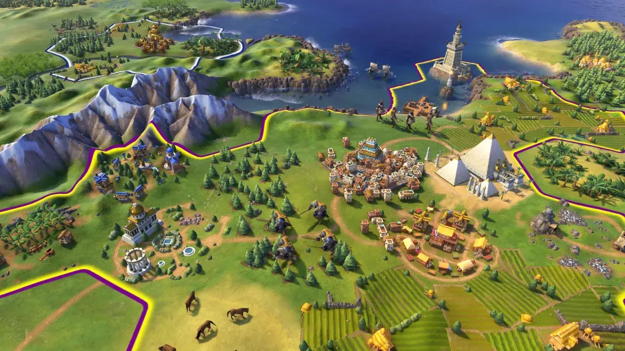 Rozbudowana cywilizacja w grze Civilization VI. Poradnik dla graczy pokazuje piramidy, latarnię morską i rozwijające się miasta.