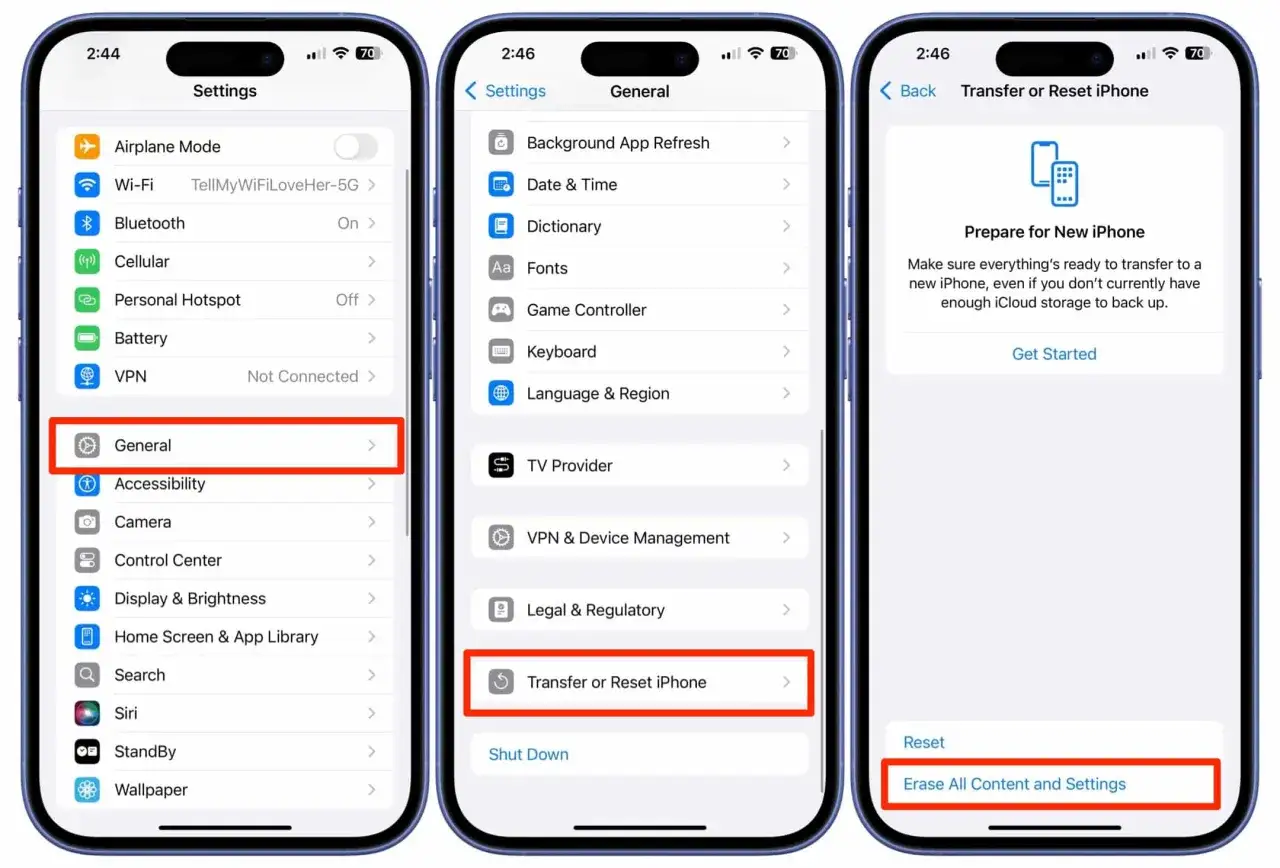 Jak przywrócić iPhone do ustawień fabrycznych: Ustawienia > Ogólne > Przenieś lub zresetuj iPhone > Wymaż całą zawartość i ustawienia.
