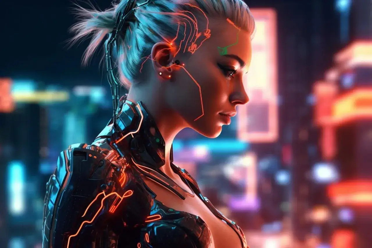 Cyberpunkowa mechaniczna dziewczyna z neonowymi liniami na twarzy i zbroi, w tle rozmazane światła miasta.