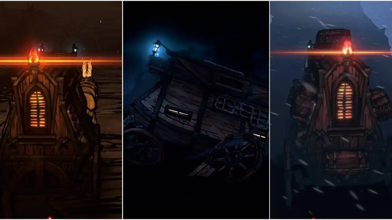 Trzy ujęcia wozu z gry Darkest Dungeon 2: nocny, mroczny i zimowy.